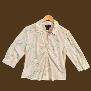 Style & Co Womens White Embroidered Floral Button Up Blouse 3/4 Sleeve Size 10